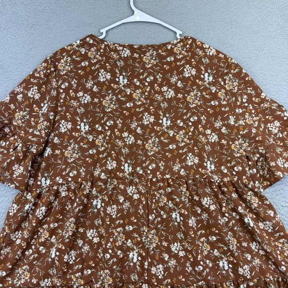 Emery Rose Dress Womens XL Brown Floral Short Sleeve Ruffle Hem Swing V-Neck - Picture 5 of 13